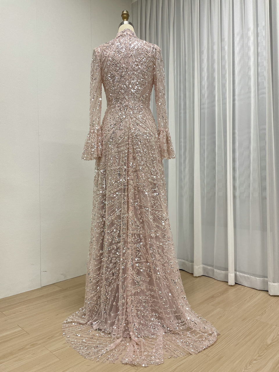 Long Sleeve Sequined A-Line Gown with High Neckline and Ruffled Cuff MY30089-3
