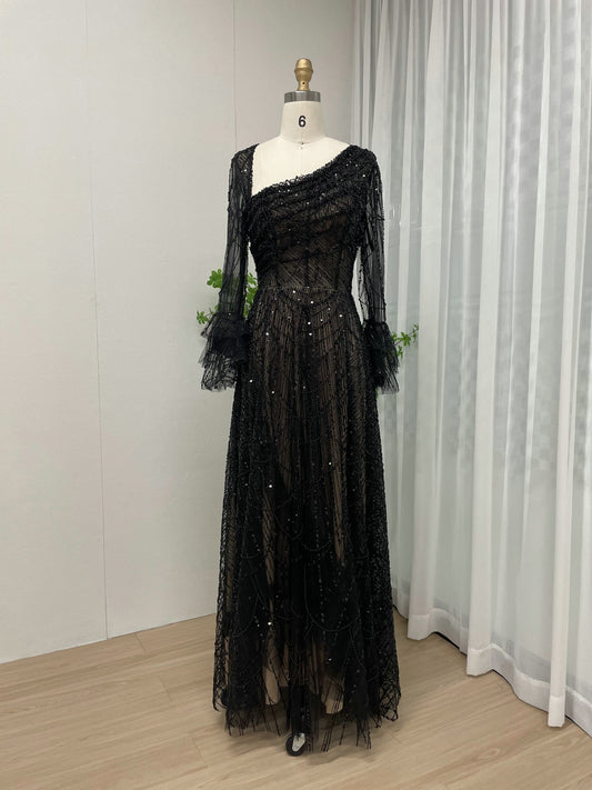 Luxurious One Shoulder Beading Lace A Line Long Sleeve Wedding Party Evening Dress MY30089