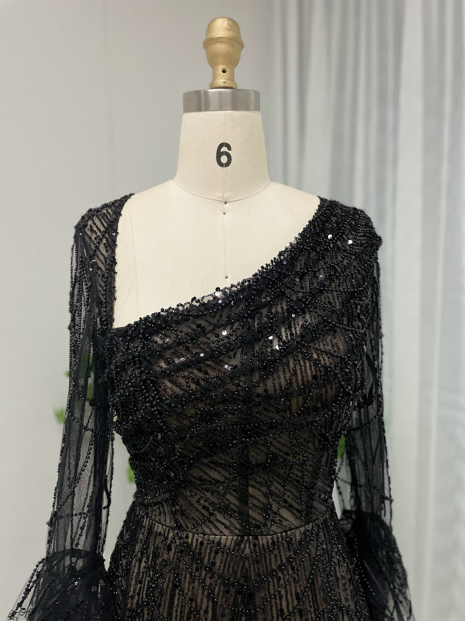 Luxurious One Shoulder Beading Lace A Line Long Sleeve Wedding Party Evening Dress MY30089