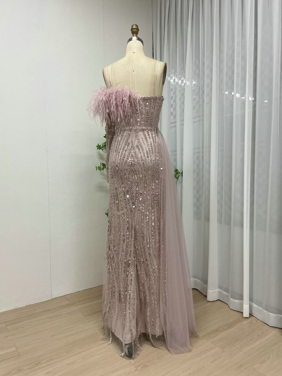 Champagne Sequin Feather Off-The-Shoulder Gala Gown with Side Train MY30099