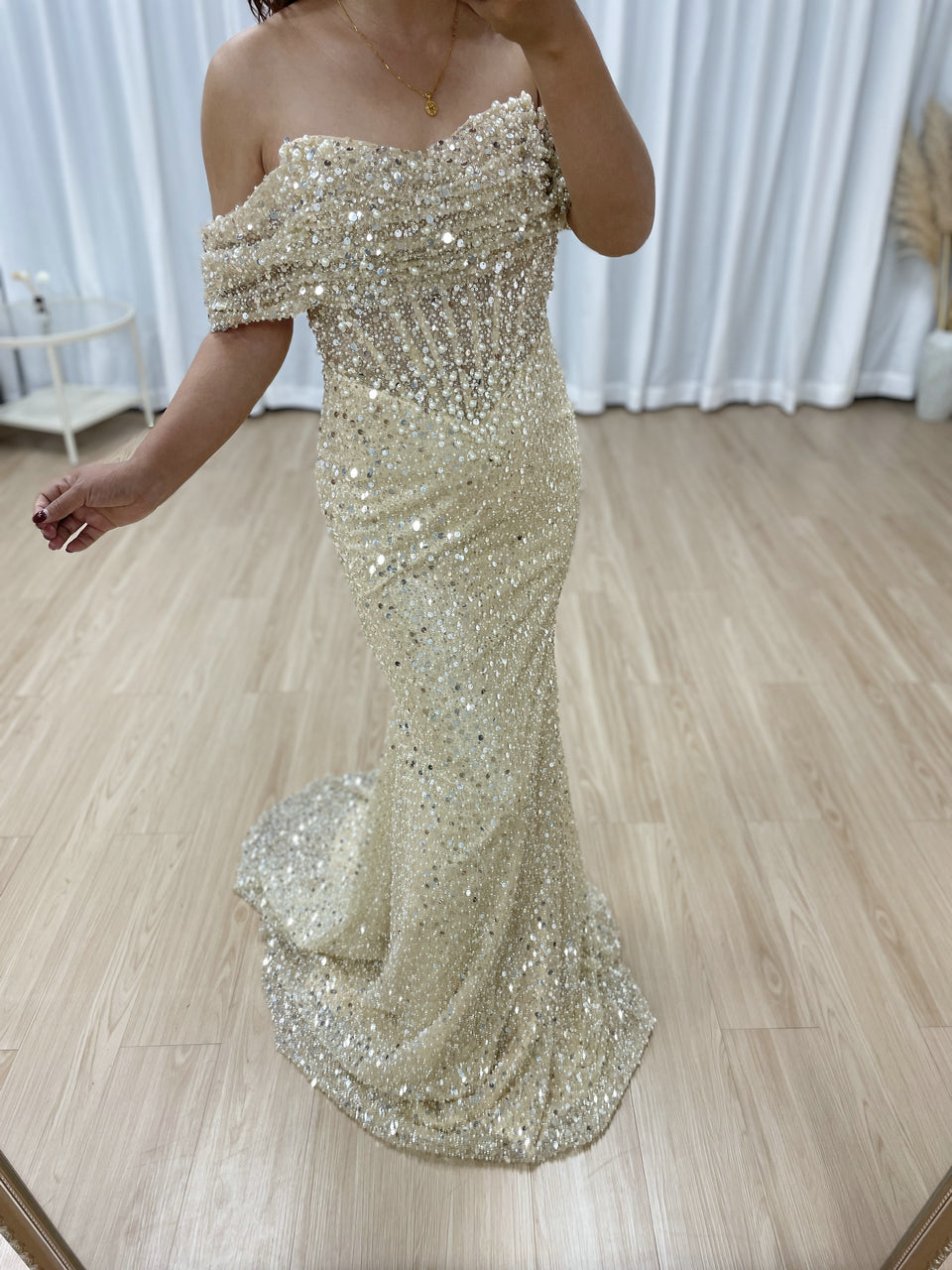 Champagne Off-Shoulder Sequin Evening Dress Train Prom Gala Wear MY30100-2