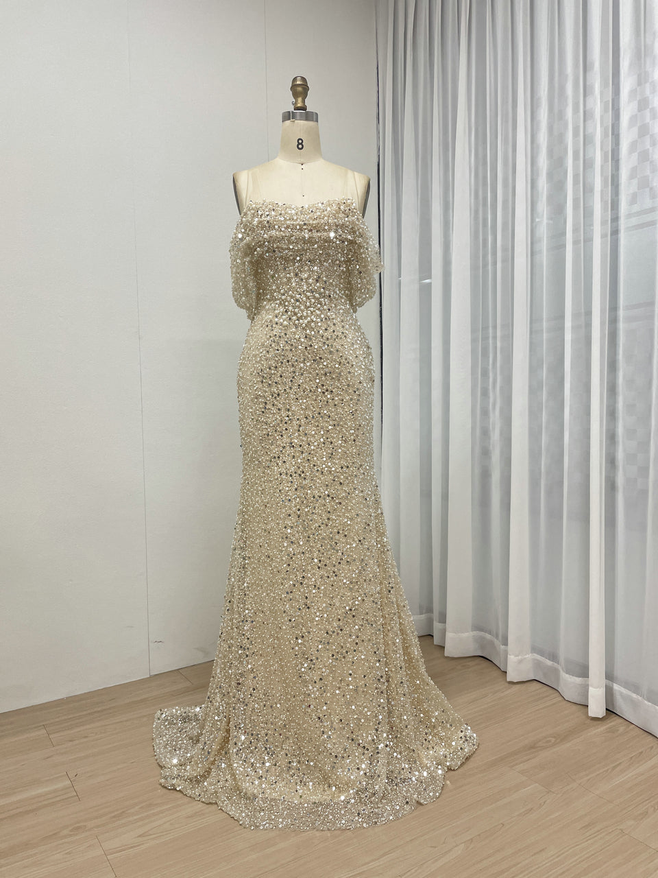 Champagne Off-Shoulder Sequin Evening Dress Train Prom Gala Wear MY30100-2