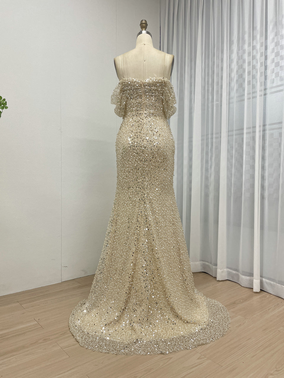 Champagne Off-Shoulder Sequin Evening Dress Train Prom Gala Wear MY30100-2