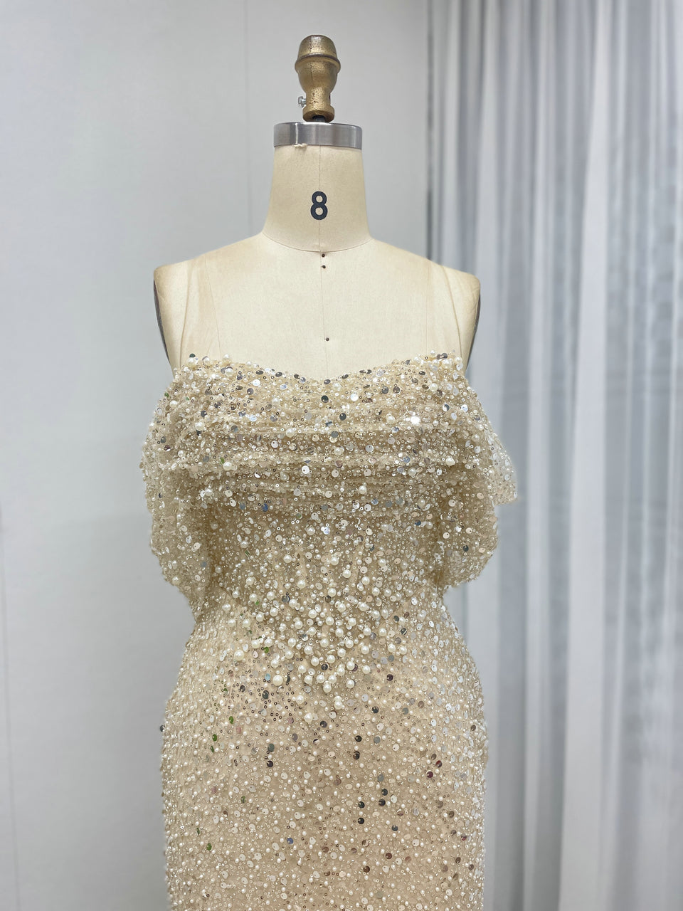 Champagne Off-Shoulder Sequin Evening Dress Train Prom Gala Wear MY30100-2