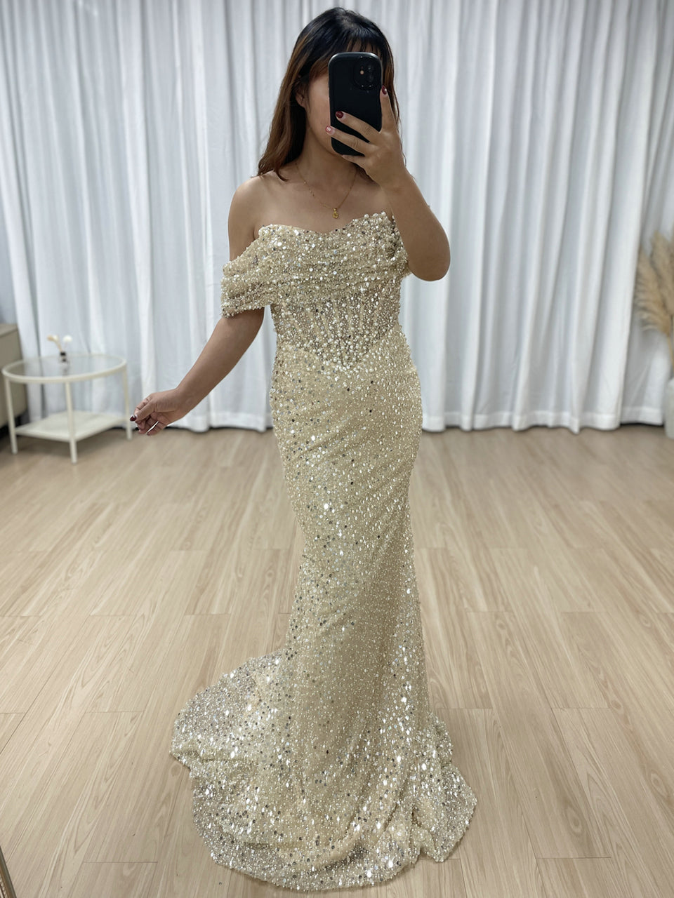 Champagne Off-Shoulder Sequin Evening Dress Train Prom Gala Wear MY30100-2