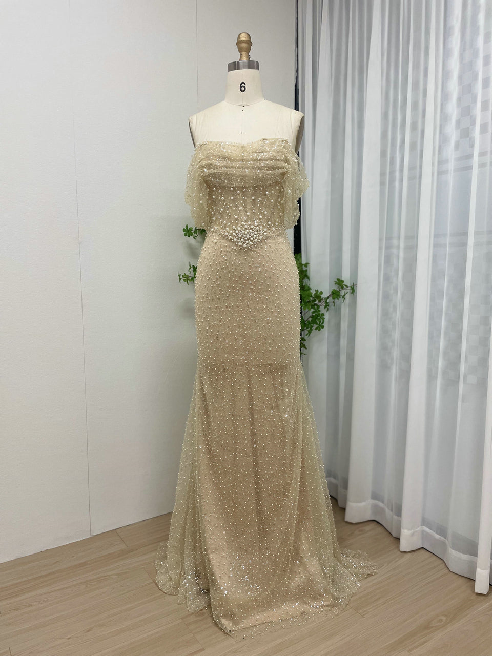 Glamorous Champagne Beaded Strapless Gown for Weddings MY30100