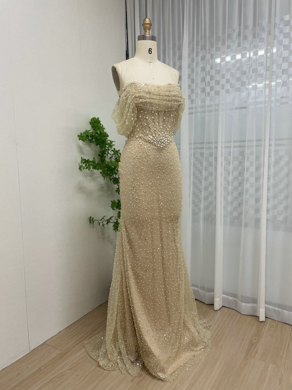 Glamorous Champagne Beaded Strapless Gown for Weddings MY30100