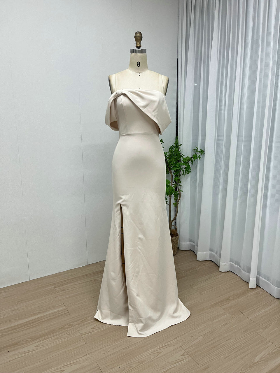 Elegant Satin Cream Dress with Slit for Events MY30102