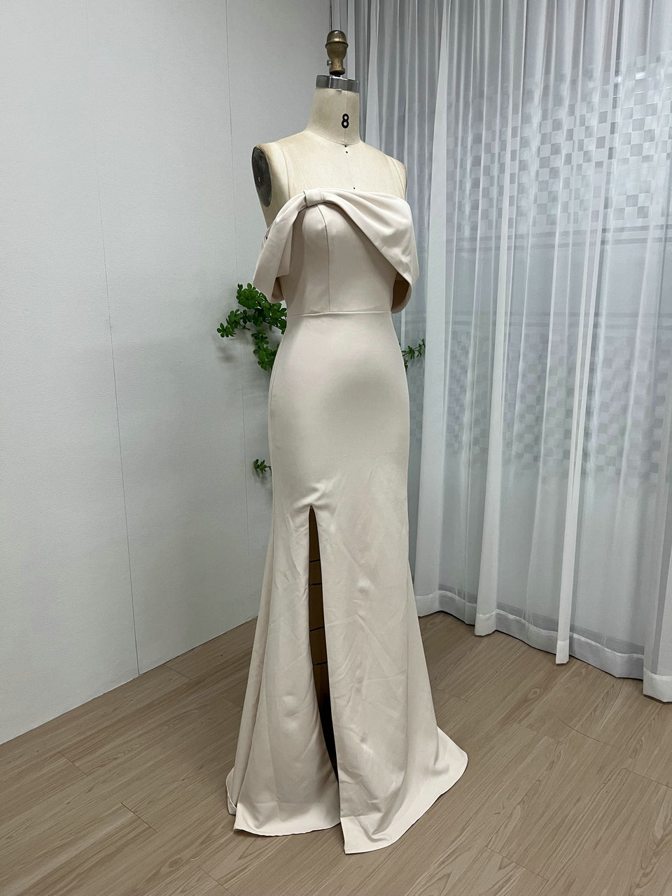 Elegant Satin Cream Dress with Slit for Events MY30102
