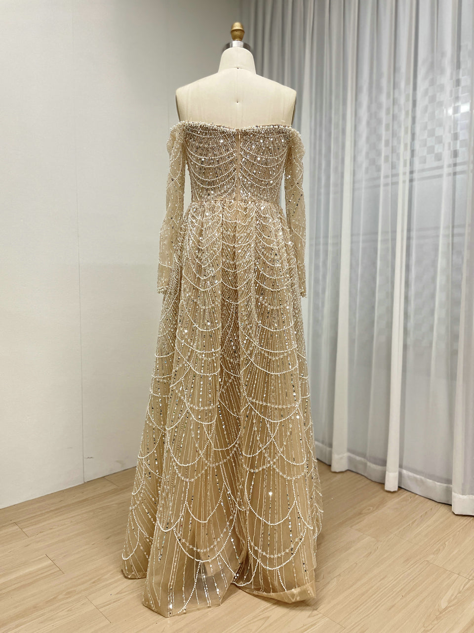 Champagne Beaded Off-the-Shoulder Evening Gown with Long Sleeves MY30105L-2L