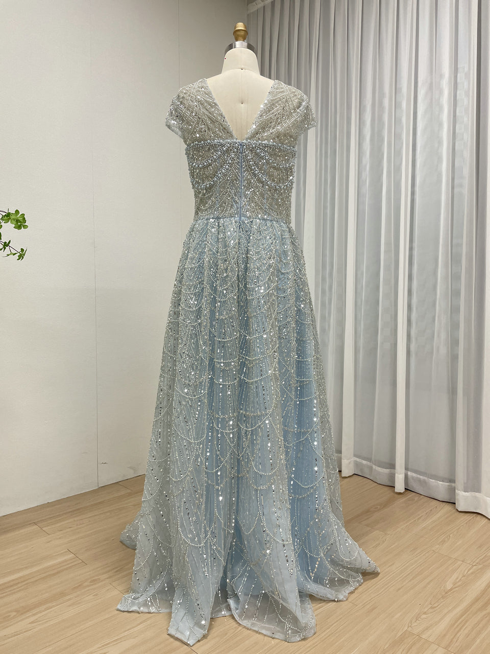 Shimmering Light Blue Beaed A-Line Prom Dress Square Neck Cap Sleeve Gown MY30105L-3B