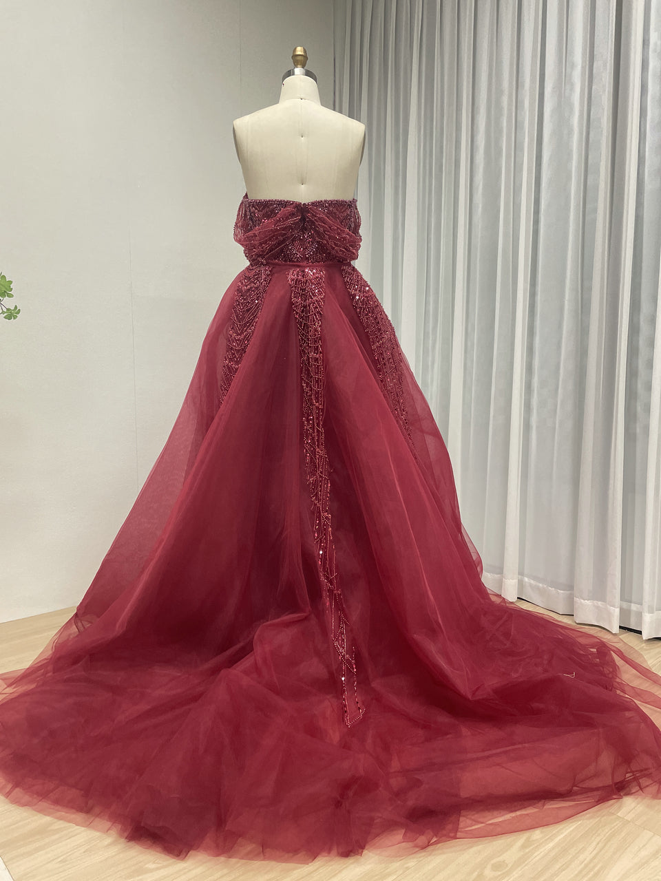 Designer Wine Red Evening Dress with Detachable Train and Embellished Bodice MY30105L-3