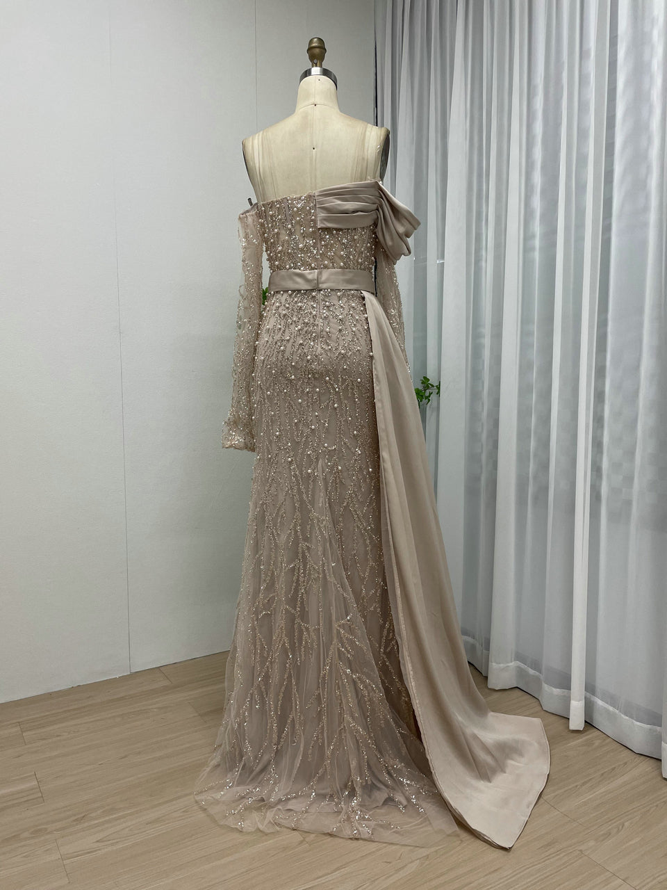 Asymmetrical Drape Slit Evening Dress Elegant Pearl A-line Prom Gown MY30109-2