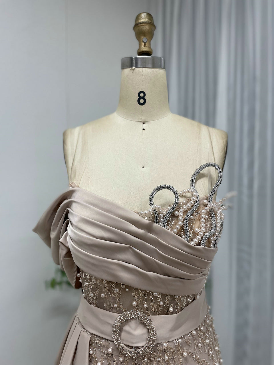 Asymmetrical Drape Slit Evening Dress Elegant Pearl A-line Prom Gown MY30109-2