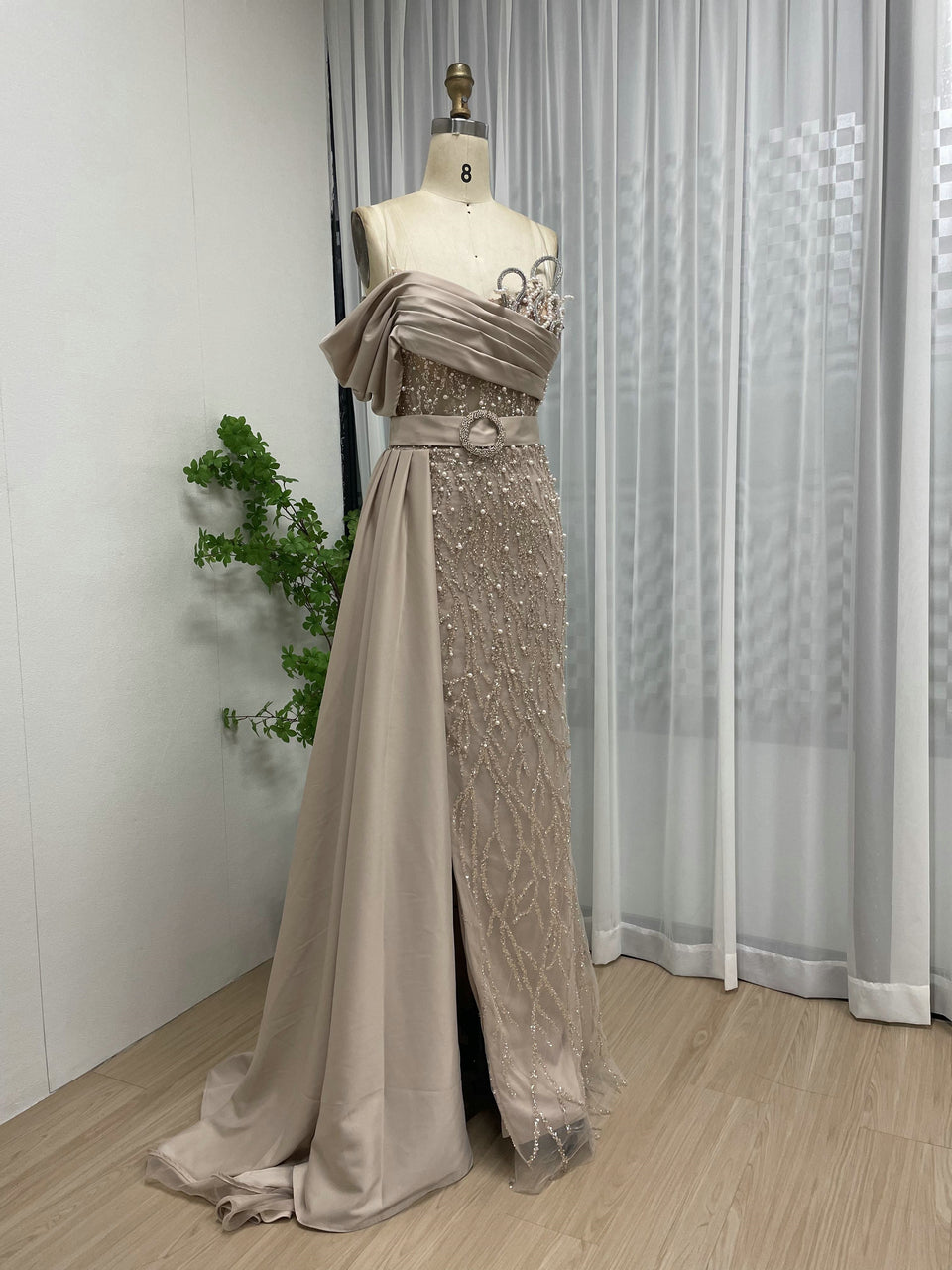 Asymmetrical Drape Slit Evening Dress Elegant Pearl A-line Prom Gown MY30109-2