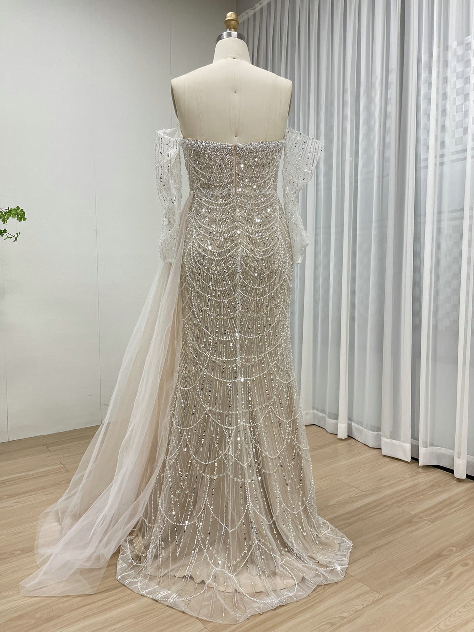 Whtie Beaded Mermaid Dress Cape Train Gala Bridal Wear MY30110-L