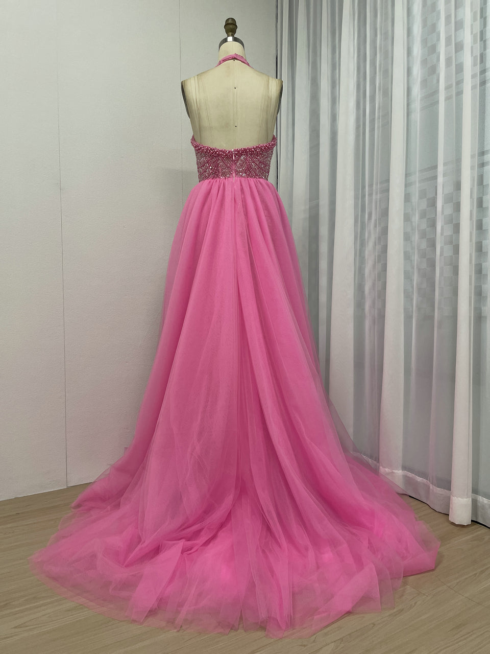 Fuscia Halter Beaded Evening Gown Tulle Train Prom Party Sparkle MY30111-2