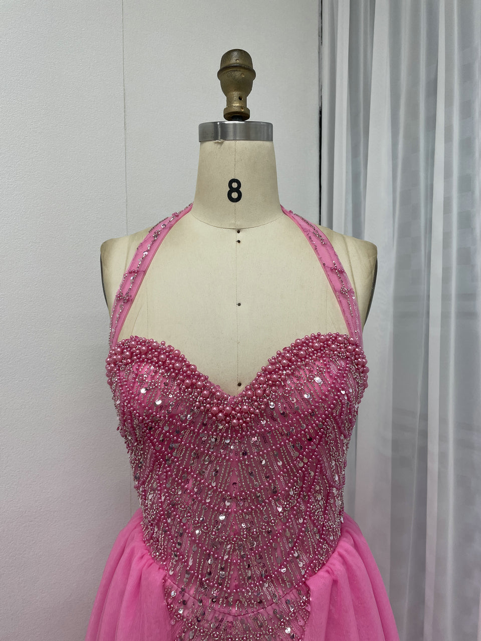 Fuscia Halter Beaded Evening Gown Tulle Train Prom Party Sparkle MY30111-2