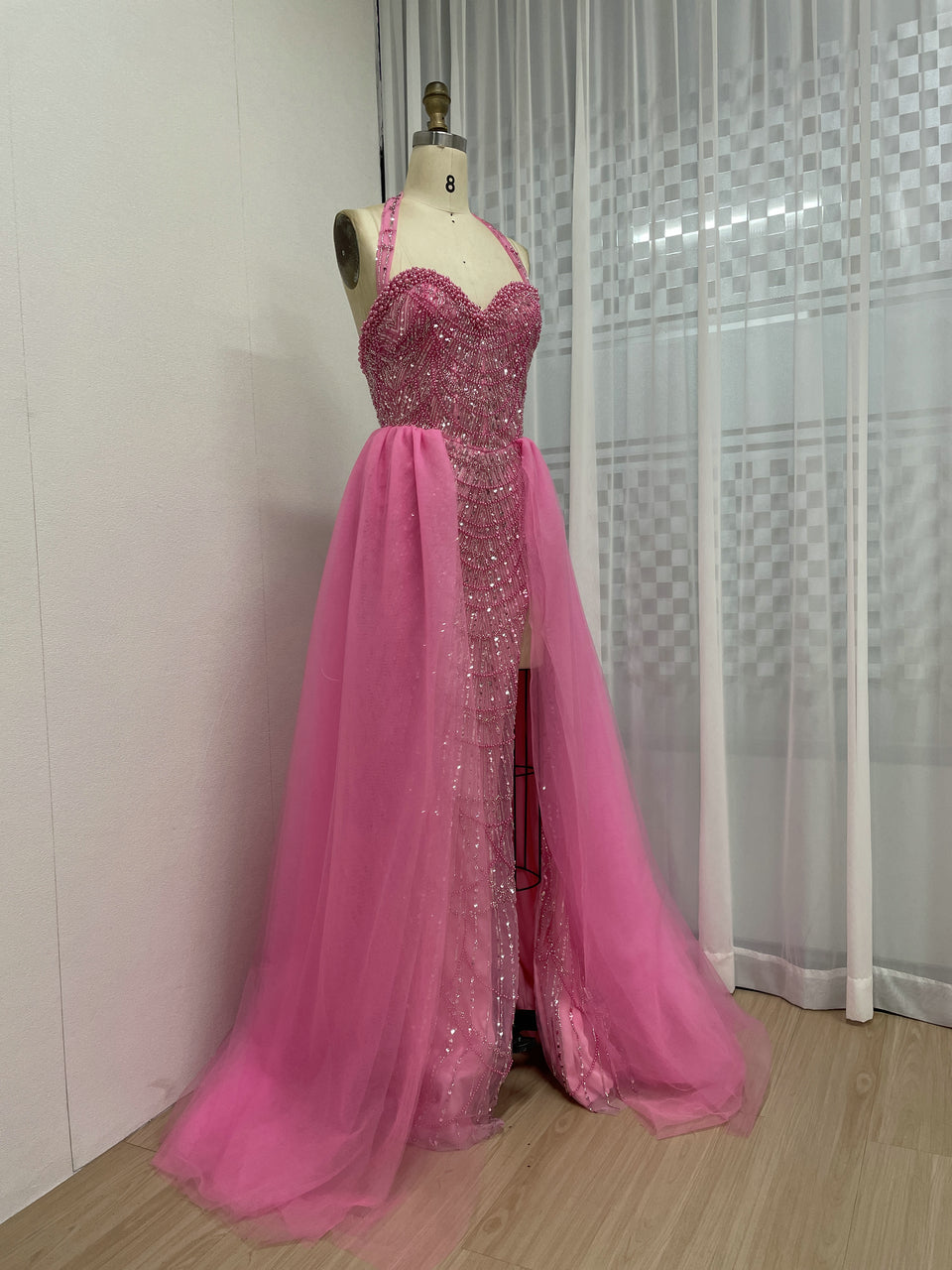 Fuscia Halter Beaded Evening Gown Tulle Train Prom Party Sparkle MY30111-2