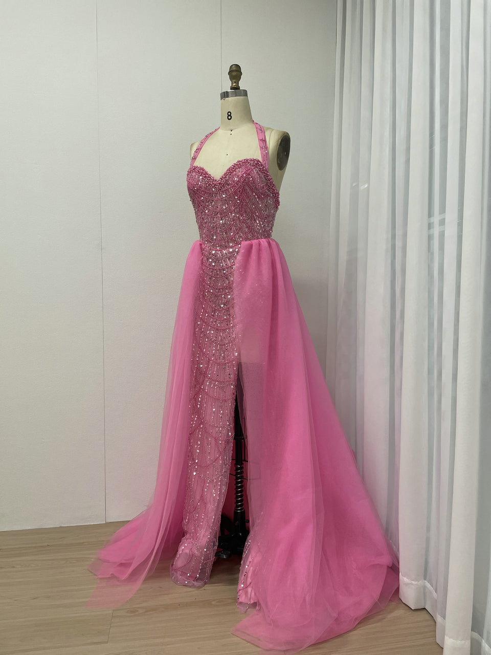 Fuscia Halter Beaded Evening Gown Tulle Train Prom Party Sparkle MY30111-2