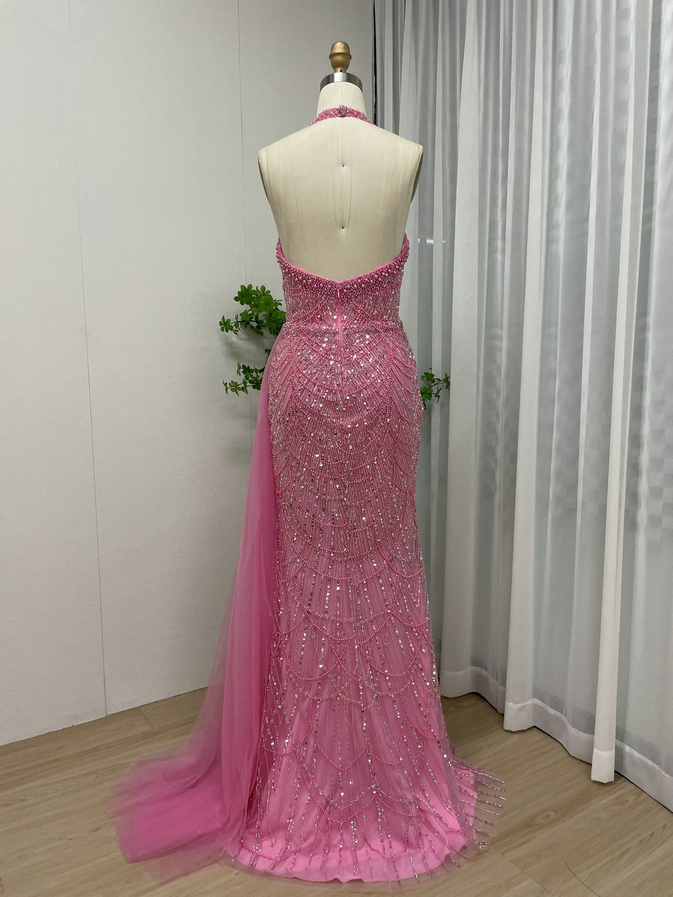 Fuscia Sequin Halter Mermaid Prom Dress High Slit Luxury Beaded Evening Gown MY30111