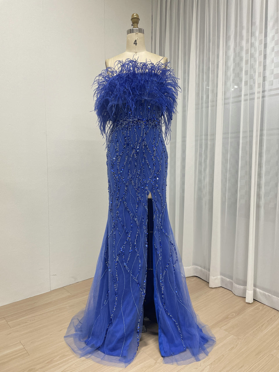 Mermaid Prom Gown Sequins & Feathers Off-Shoulder Formal Party Dress MY30114