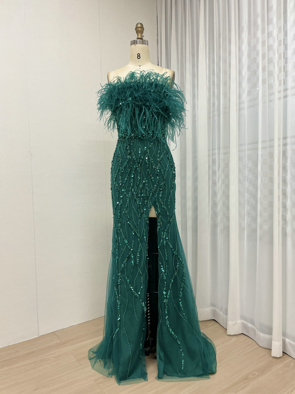 Mermaid Prom Gown Sequins & Feathers Off-Shoulder Formal Party Dress MY30114