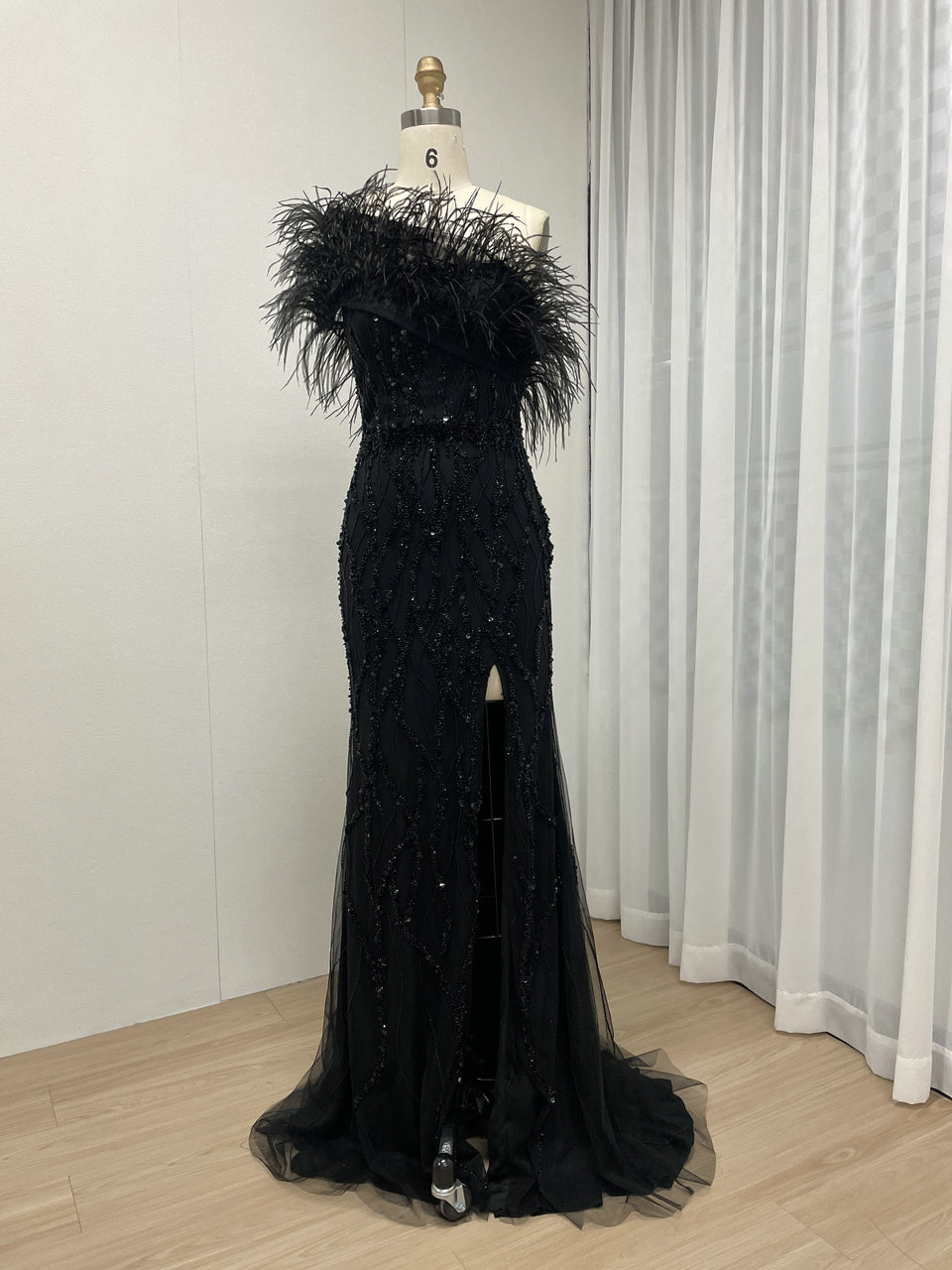 Mermaid Prom Gown Sequins & Feathers Off-Shoulder Formal Party Dress MY30114