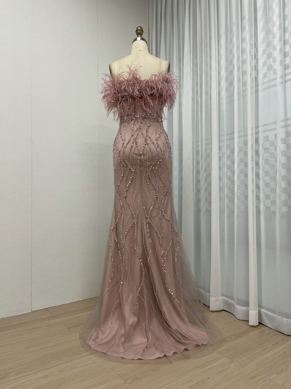 Mermaid Prom Gown Sequins & Feathers Off-Shoulder Formal Party Dress MY30114