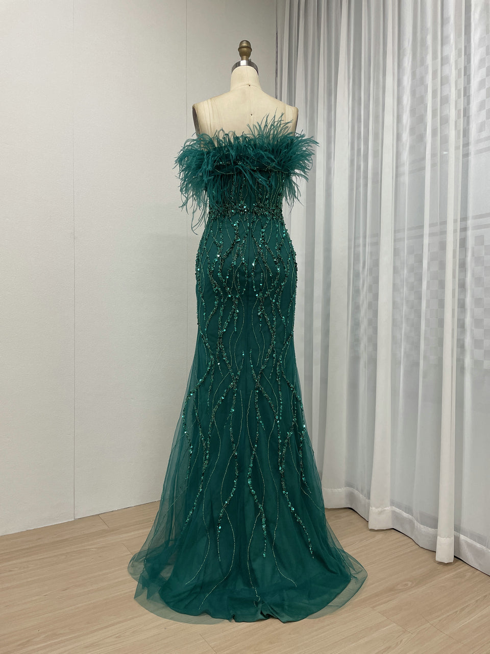 Mermaid Prom Gown Sequins & Feathers Off-Shoulder Formal Party Dress MY30114