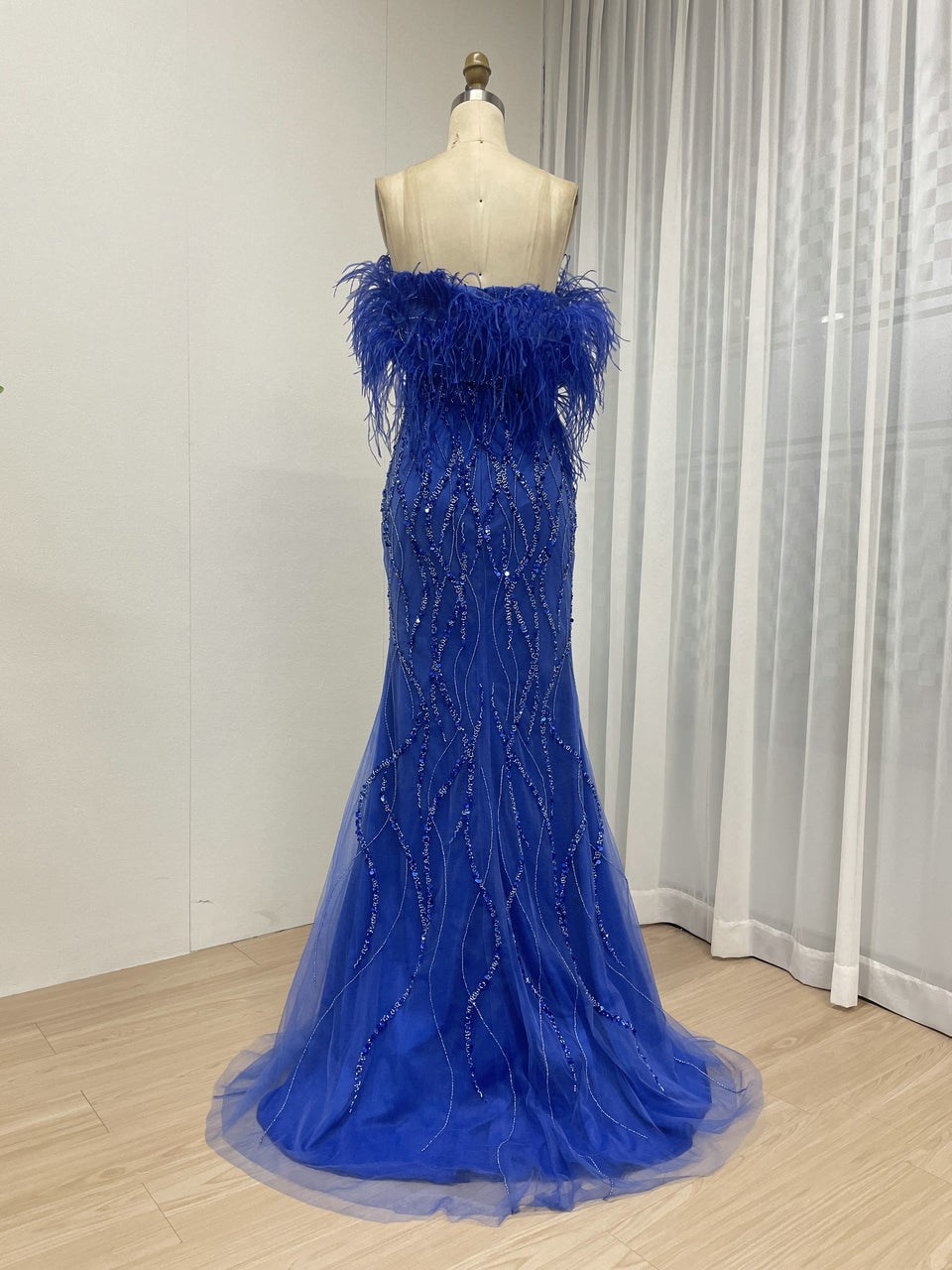Mermaid Prom Gown Sequins & Feathers Off-Shoulder Formal Party Dress MY30114