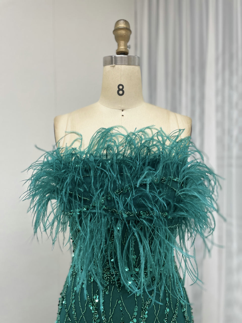 Mermaid Prom Gown Sequins & Feathers Off-Shoulder Formal Party Dress MY30114