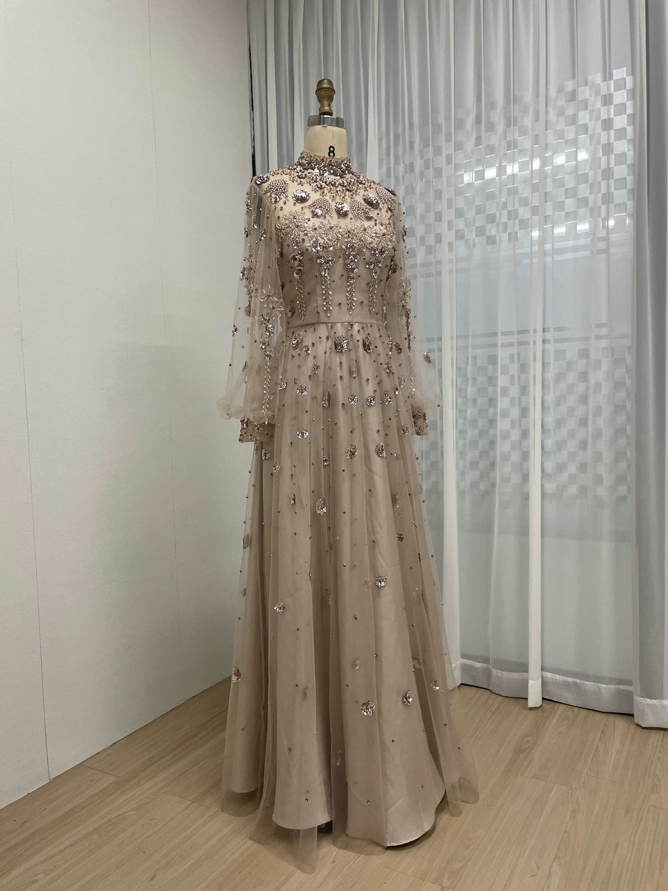 Long Sleeve Evening Dress Sequin Floral Embellished Prom Gown MY30117