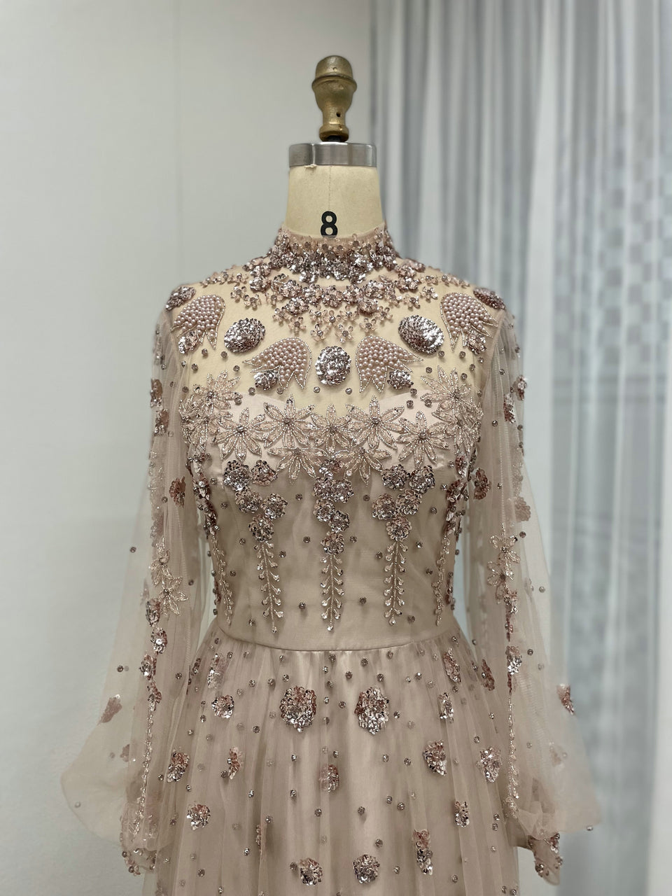 Long Sleeve Evening Dress Sequin Floral Embellished Prom Gown MY30117