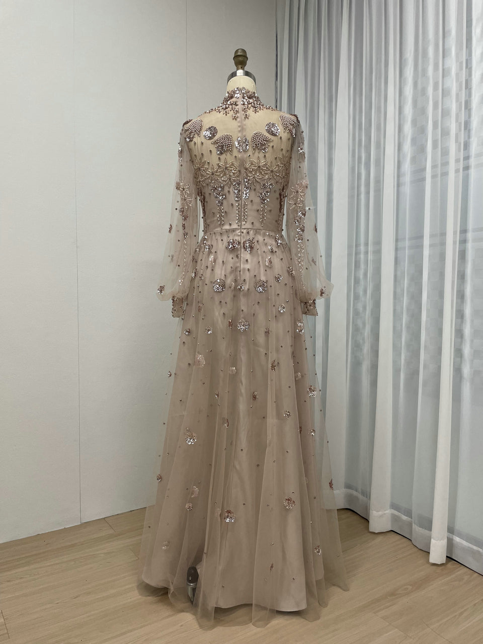 Long Sleeve Evening Dress Sequin Floral Embellished Prom Gown MY30117