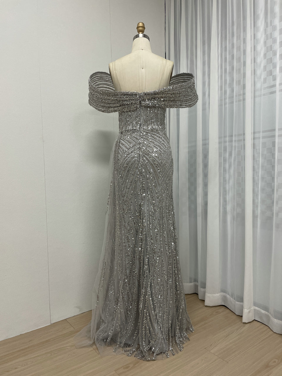 Gold Off-Shoulder Sequin Dress Ruffle Train Prom Gala Wear MY30125B