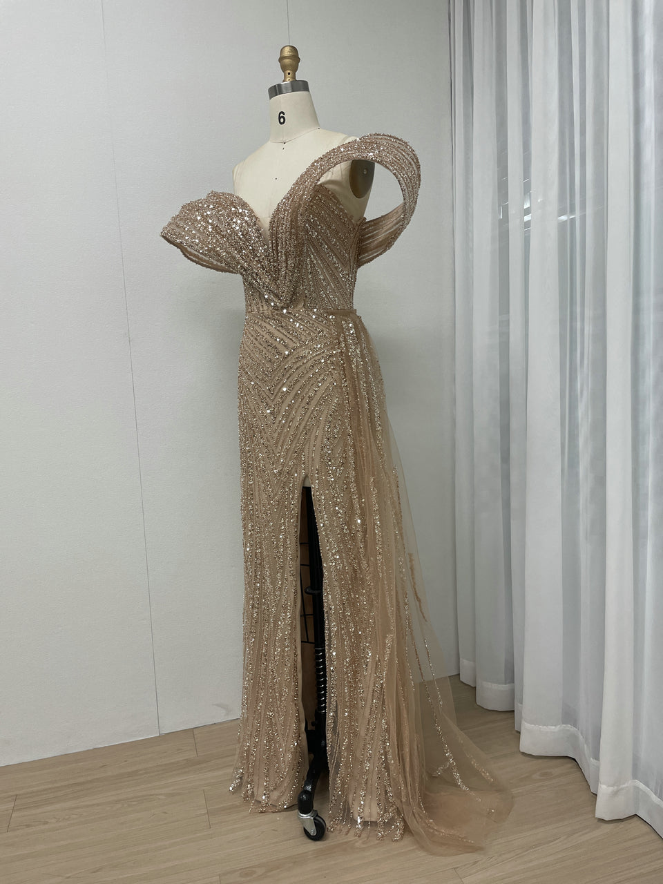 Gold Off-Shoulder Sequin Dress Ruffle Train Prom Gala Wear MY30125B