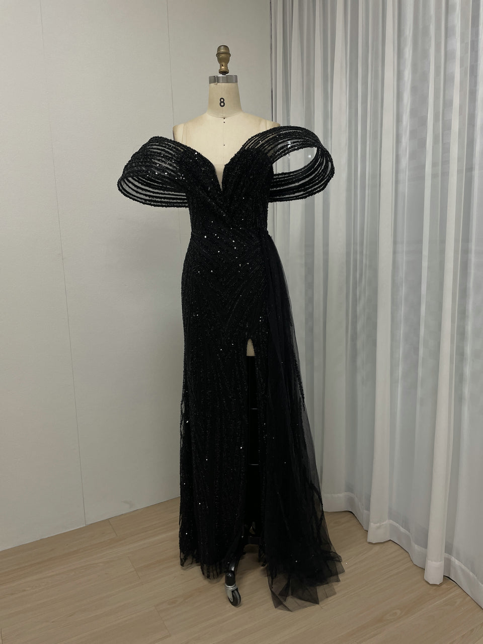 Gold Off-Shoulder Sequin Dress Ruffle Train Prom Gala Wear MY30125B