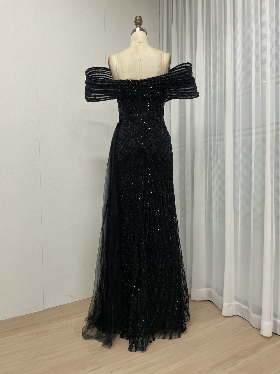 Gold Off-Shoulder Sequin Dress Ruffle Train Prom Gala Wear MY30125B