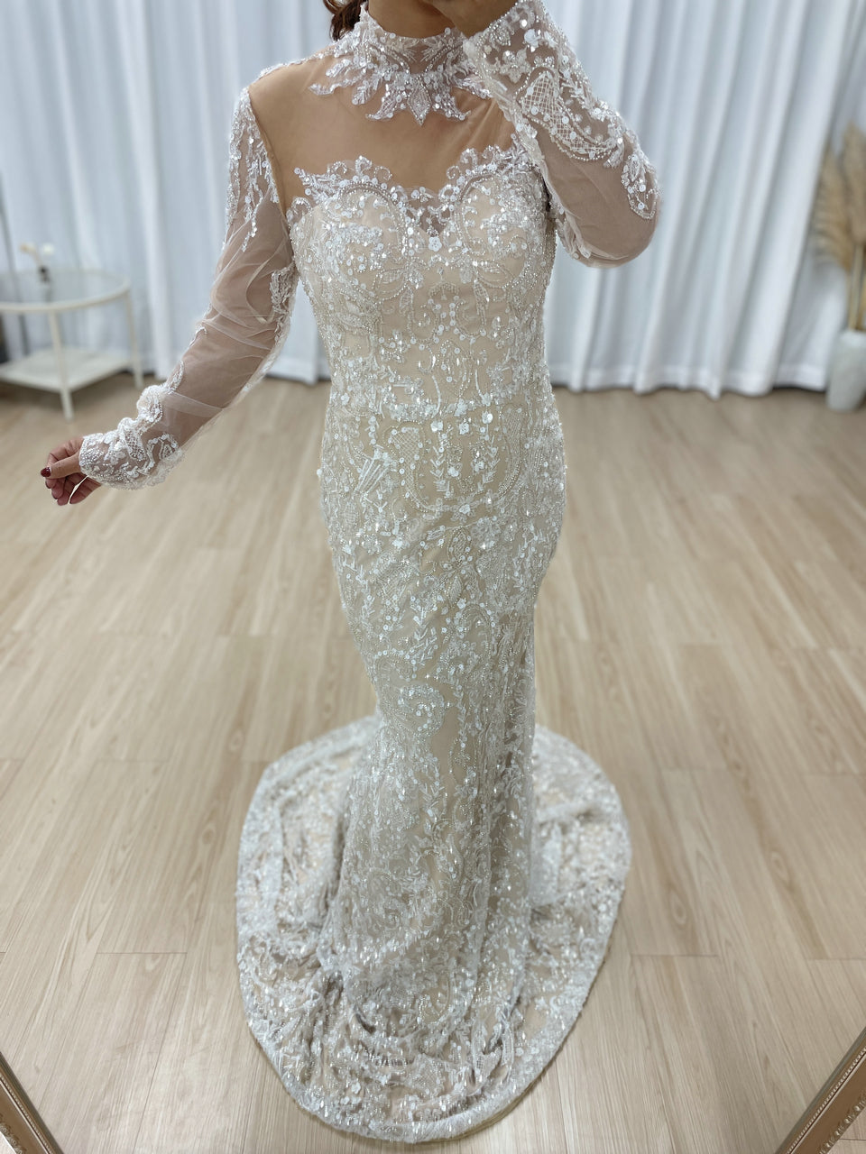 Luxurious Ivory Beaded Gown Long Sleeves High Neck Wedding Style MY30127
