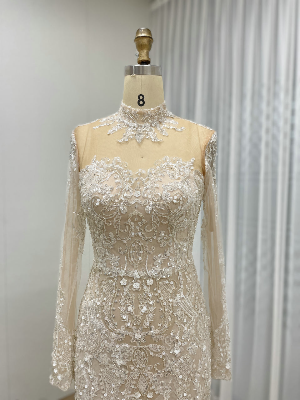 Luxurious Ivory Beaded Gown Long Sleeves High Neck Wedding Style MY30127