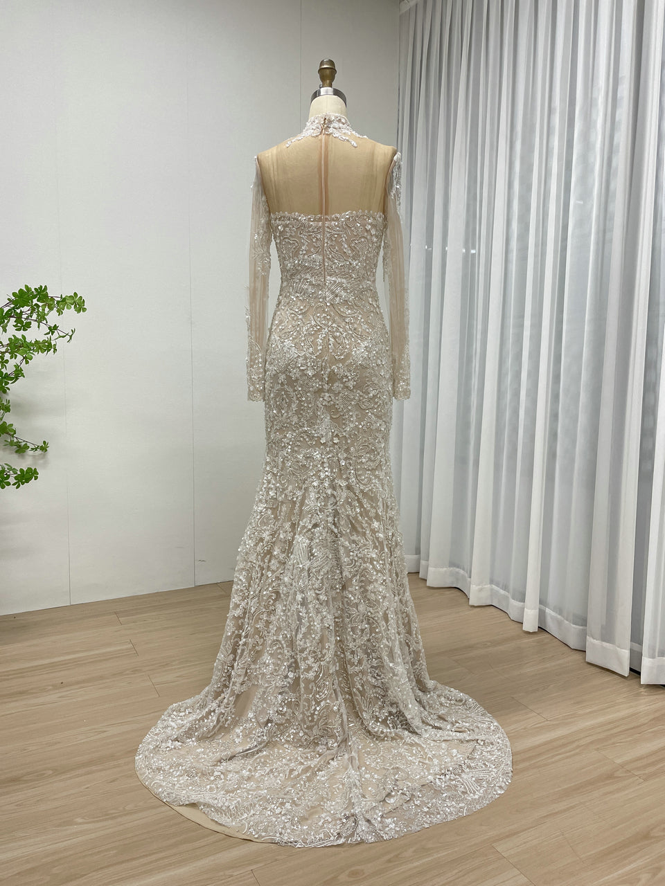 Luxurious Ivory Beaded Gown Long Sleeves High Neck Wedding Style MY30127