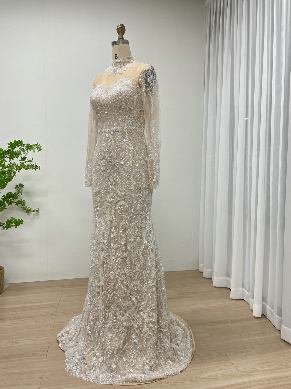 Luxurious Ivory Beaded Gown Long Sleeves High Neck Wedding Style MY30127