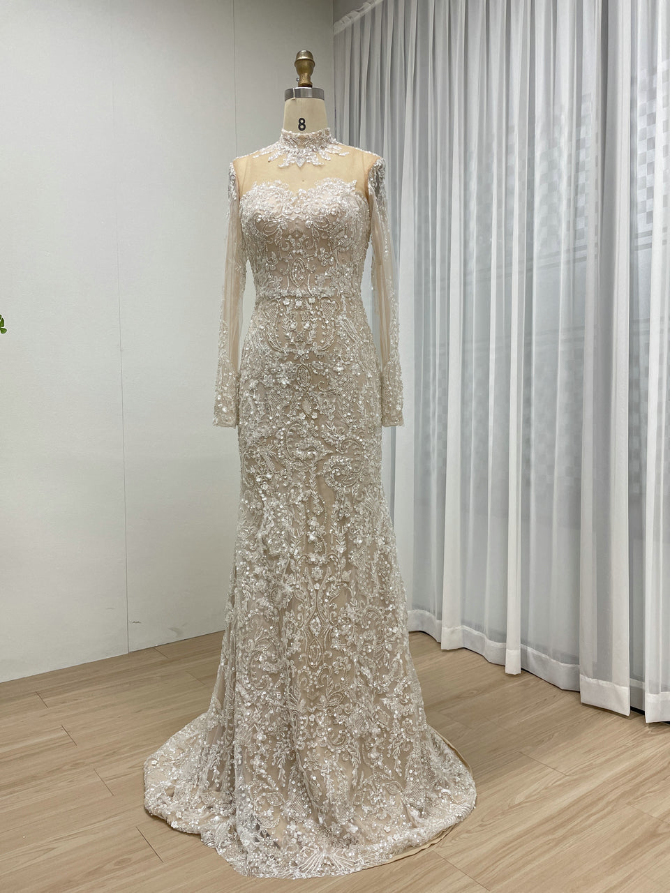 Luxurious Ivory Beaded Gown Long Sleeves High Neck Wedding Style MY30127