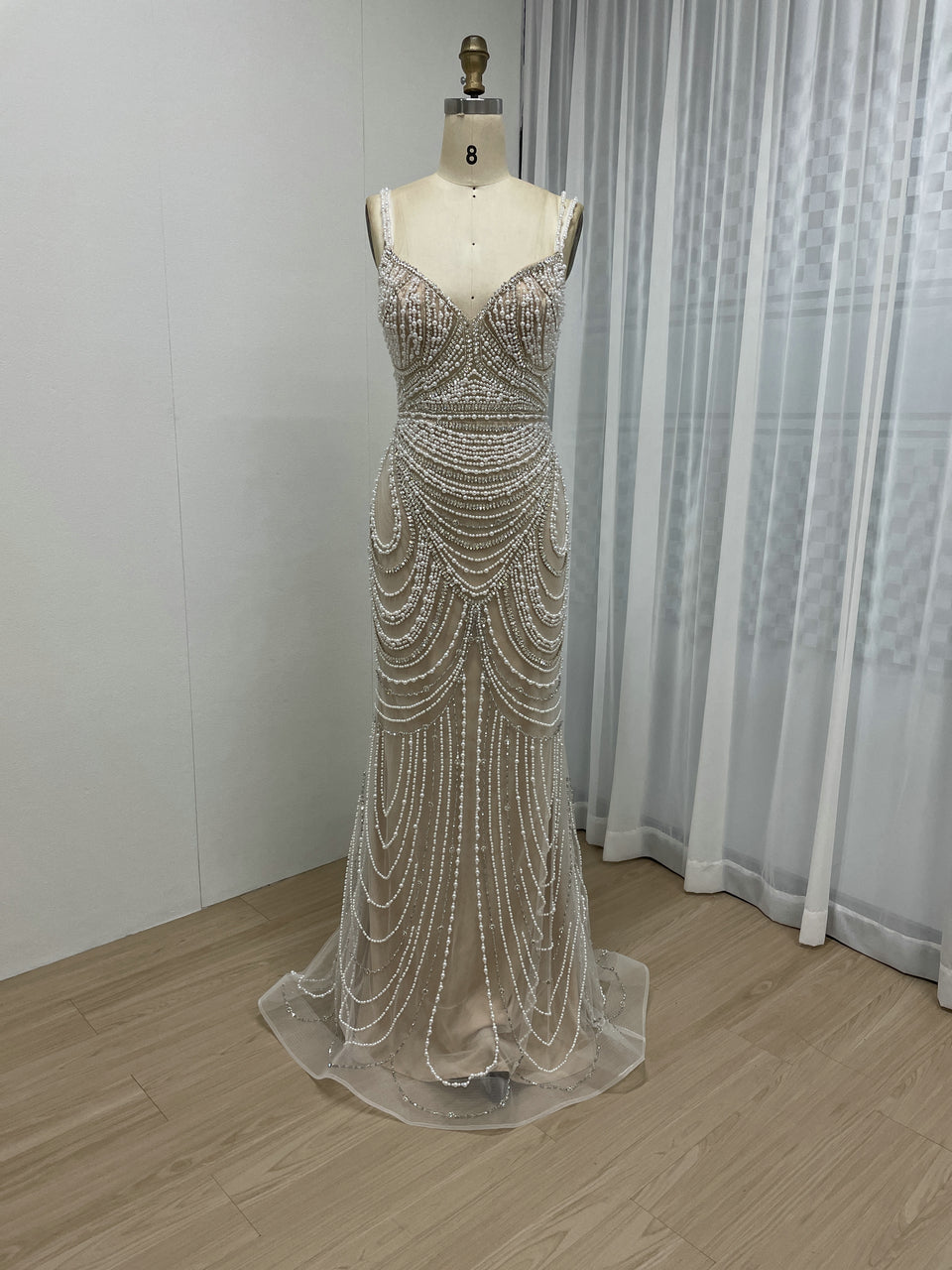White Beaded Spaghetti Strap Evening Dress Sequin Mermaid Prom Gown MY30128
