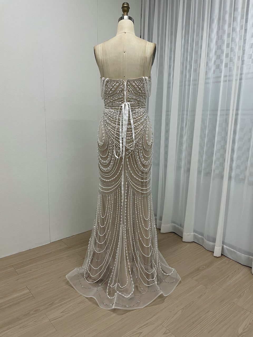 White Beaded Spaghetti Strap Evening Dress Sequin Mermaid Prom Gown MY30128