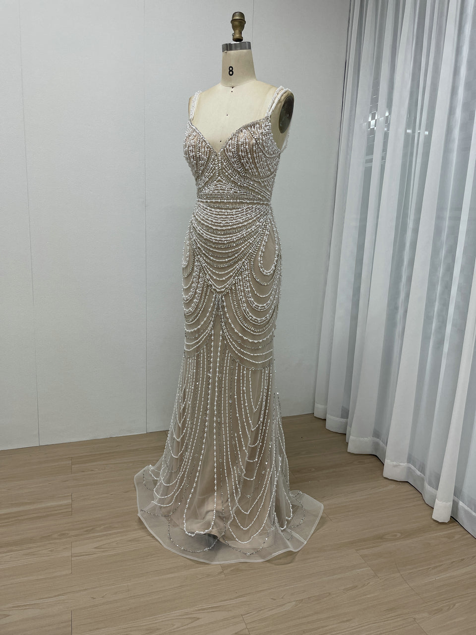 White Beaded Spaghetti Strap Evening Dress Sequin Mermaid Prom Gown MY30128