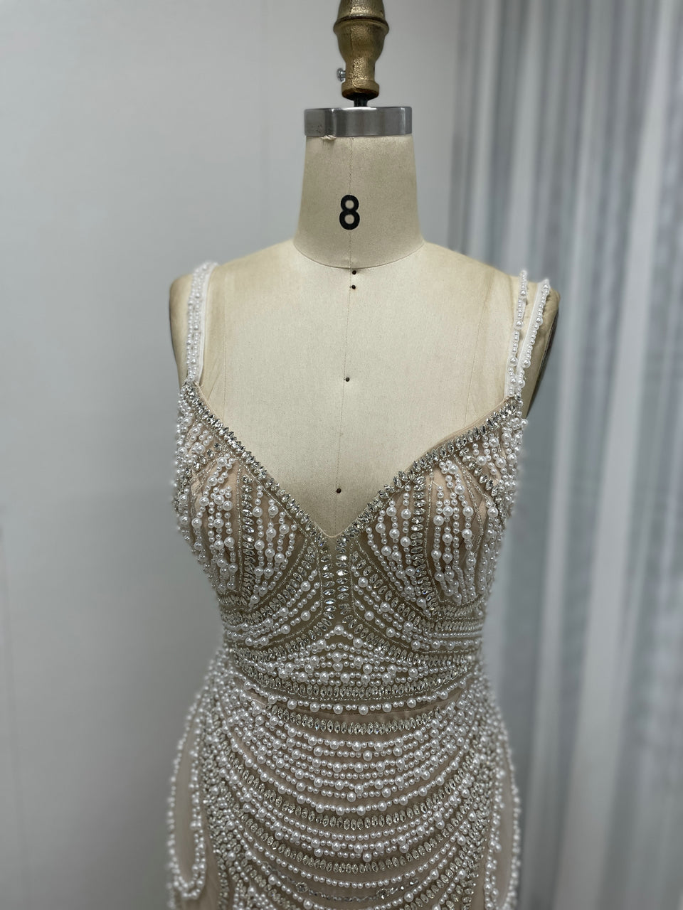 White Beaded Spaghetti Strap Evening Dress Sequin Mermaid Prom Gown MY30128
