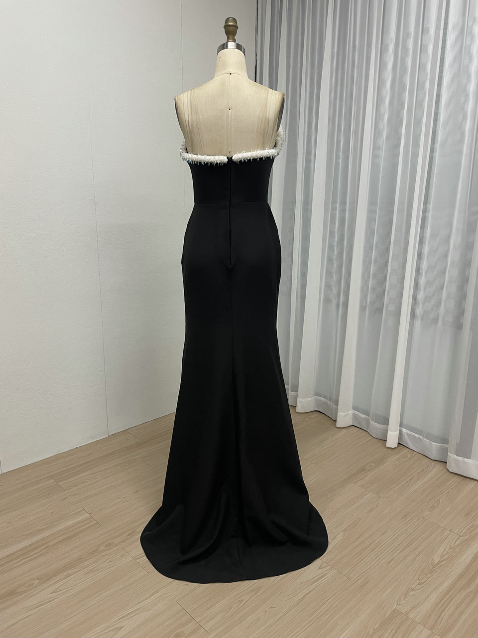 Black Feather Strapless Evening Dress Mermaid High Slit Formal Gown MY30129