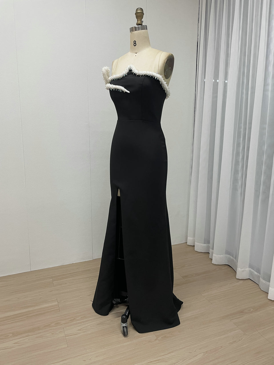 Black Feather Strapless Evening Dress Mermaid High Slit Formal Gown MY30129